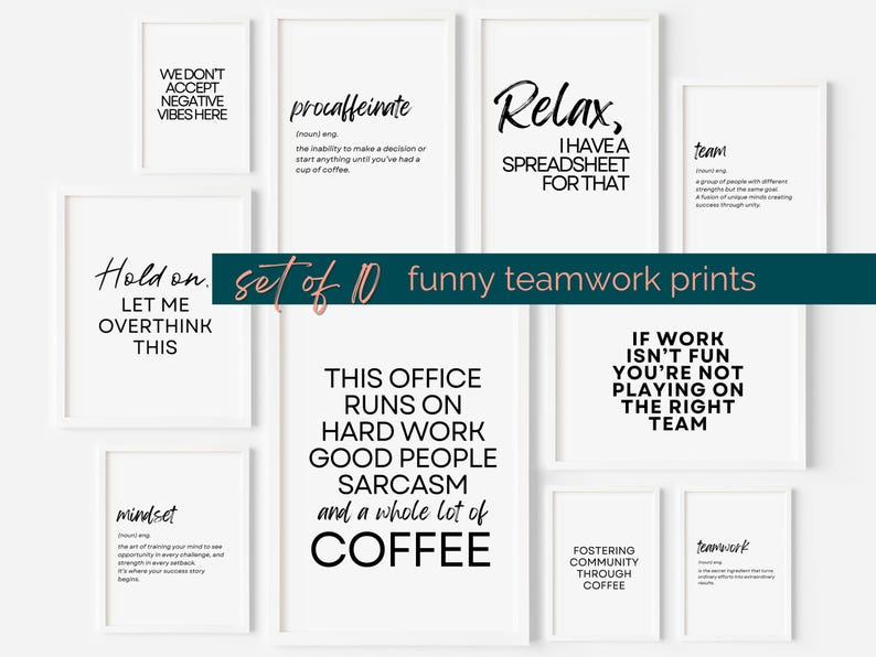 Funny Office Decor Printables, Office Humor Poster Set, Inspirational Breakroom Wall Art, Workplace Poster with Fun Team Quotes image 1