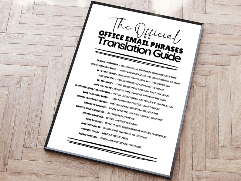 May include: A framed white poster with black text titled The Official Office Email Phrases Translation Guide. It lists common professional email phrases followed by their sarcastic interpretations, such as Friendly Reminder meaning you screwed up.