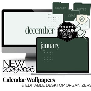 Green Desktop Wallpaper Monthly Calendar 2026 Digital Desktop Wallpaper Background Editable Desktop Organizers and Computer Folder Icon Pack
