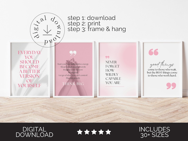 Hot Pink Wall Art Print Set of 6 Feminine Office Wall Decor Pink ...