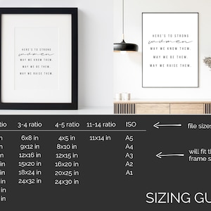 May include: A sizing guide for printable wall art featuring the text "Here's to strong women. May we know them. May we be them. May we raise them." The guide shows different aspect ratios and corresponding sizes in inches, as well as standard paper sizes like A5, A4, A3, A2, and A1.