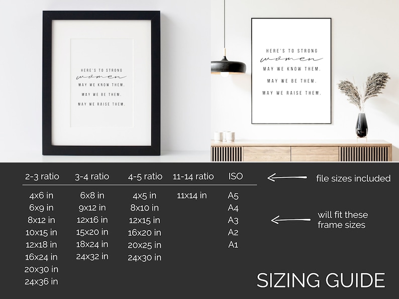 May include: A sizing guide for printable wall art featuring the text "Here's to strong women. May we know them. May we be them. May we raise them." The guide shows different aspect ratios and corresponding sizes in inches, as well as standard paper sizes like A5, A4, A3, A2, and A1.