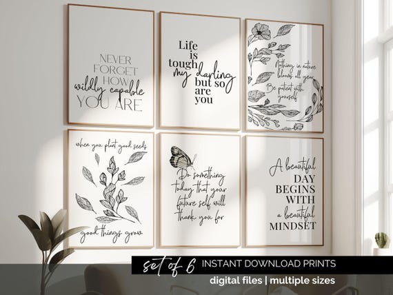 Floral Office Wall Art Set of 6 Motivational Print Growth Mindset Quote Poster Set Inspirational Women Quote Uplifting Wall Decor Minimalist