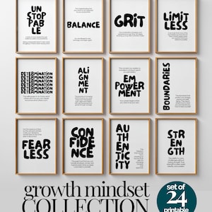 Może przedstawiać: Zestaw dwunastu oprawionych grafik ściennych w jasnych drewnianych ramach, z których każda zawiera czarną typografię na białym tle z motywującymi słowami, takimi jak Unstoppable, Grit i Fearless, oraz etykietę kolekcji growth mindset.