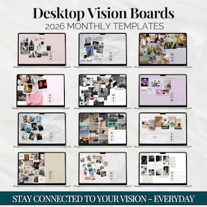 Può includere: Una collezione di laptop che mostrano modelli mensili di vision board per il 2026. Ogni schermo presenta un collage di immagini e testo, con i mesi da gennaio a dicembre. Il testo in alto recita "Desktop Vision Boards 2026 Monthly Templates."