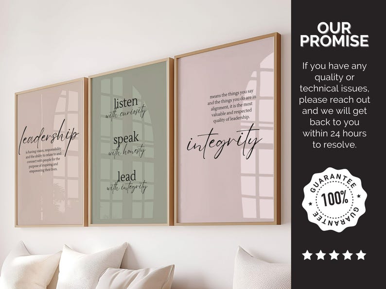 May include: Three framed wall art prints with inspirational quotes. The prints have a light brown wooden frame and a soft color palette of pink, green, and beige. The first print says "leadership", the second says "listen, speak, lead", and the third says "integrity".