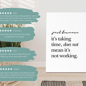 May include: A white framed print with the quote "just because it's taking time, does not mean it's not working" in black script. The print is displayed in a room with a plant and a woven basket.