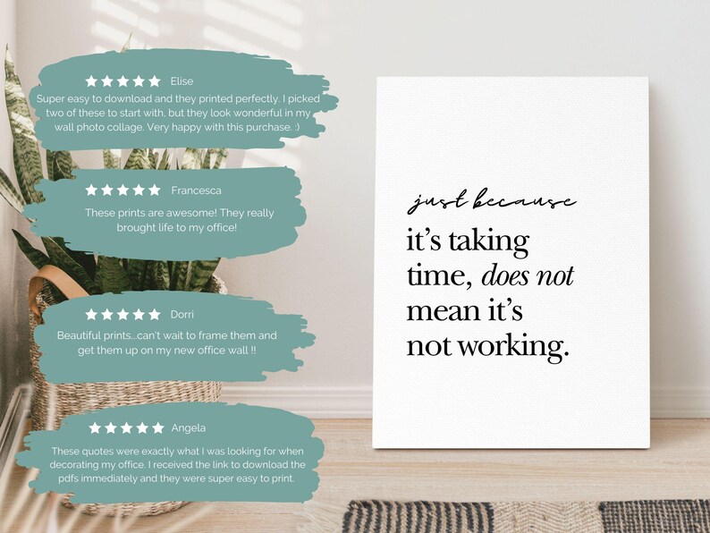 May include: A white framed print with the quote "just because it's taking time, does not mean it's not working" in black script. The print is displayed in a room with a plant and a woven basket.