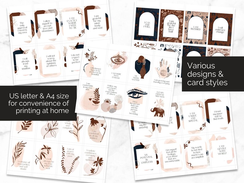 May include: A set of printable affirmation cards featuring various designs and illustrations. The cards have a neutral color palette of brown, beige, and white. The text on the cards includes positive affirmations such as "I am exactly where I need to be" and "I am grateful for my mind, body, and soul."