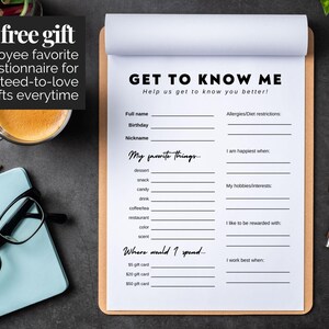May include: A printable "Get to Know Me" questionnaire on a clipboard with a brown background. The questionnaire includes sections for personal information, favorite things, hobbies, and more.