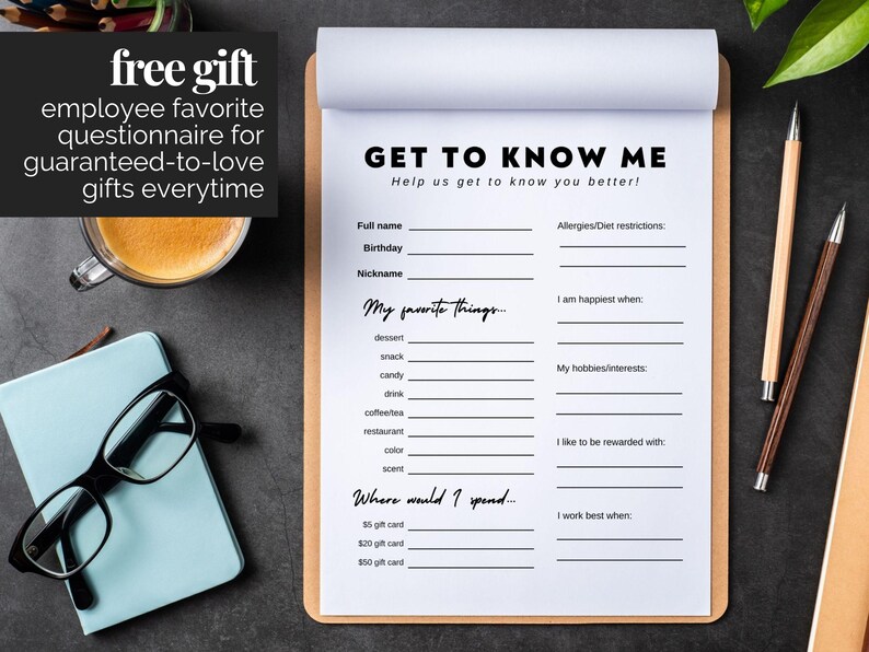 May include: A printable "Get to Know Me" questionnaire on a clipboard with a brown background. The questionnaire includes sections for personal information, favorite things, hobbies, and more.