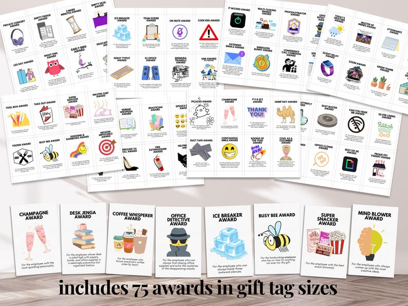 May include: A set of 75 printable award cards with various illustrations and text. The cards are designed for office use and feature themes like "Champagne Award", "Desk Jenga Award", "Coffee Whisperer Award", "Office Detective Award", "Ice Breaker Award", "Busy Bee Award", "Super Snacker Award", and "Mind Blower Award".