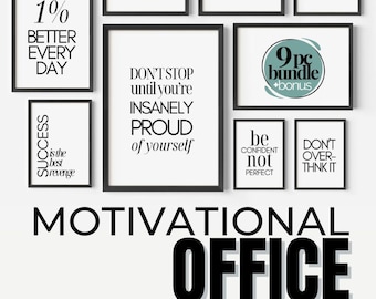 Modern Black and White Motivational Quote Posters – Inspirational Wall Art Bundle for Office Workspace, Set of 9 Prints