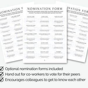 May include: Three printable nomination forms for an office award ceremony. Each form has a list of humorous award titles, such as "Early Bird Award", "Mission Impossible Award", and "Secret Squirrel Award".