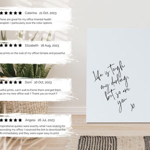 May include: Five printable wall art quotes with black text on a white background. The quotes are: "Life is tough my darling, but so are you" and four customer reviews with five stars and dates.