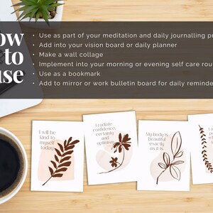May include: Four printable cards with inspirational quotes and brown floral illustrations on a light pink background. The quotes are: "I will be kind to myself today", "I radiate confidence, certainty and optimism", "My body is beautiful exactly as it is", and "I am at peace with my past".