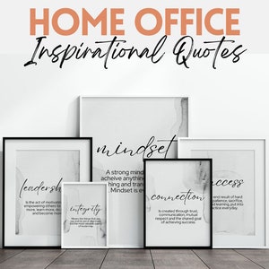 May include: Black and white printable wall art with inspirational quotes about leadership, integrity, mindset, connection, and success. The quotes are displayed in black text on a white background with a gray watercolor wash.