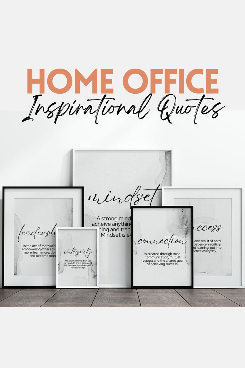 May include: Black and white printable wall art with inspirational quotes about leadership, integrity, mindset, connection, and success. The quotes are displayed in black text on a white background with a gray watercolor wash.
