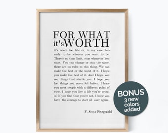 Citazione di F. Scott Fitzgerald Per quello che vale Fitzgerald Stampa Citazione letteraria Arte murale Citazioni sulla vita Regalo letterario Donne Letteratura Poster