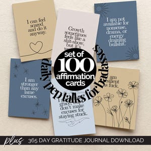 May include: A set of 100 affirmation cards featuring various motivational quotes in black text on tan, light blue, and off-white backgrounds. The cards include line art illustrations of hearts, flowers, and sunbursts. A black circular overlay reads set of 100 affirmation cards daily pep talks for badasses plus 365 day gratitude journal download.