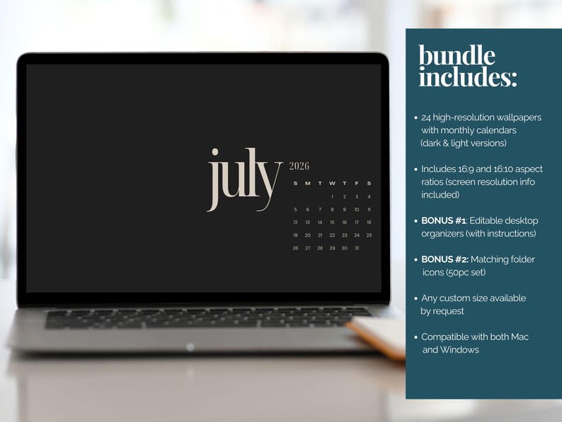 Desktop Wallpaper And Icon Pack 2026 Monthly Calendar Digital Desktop Wallpaper Editable Desktop Organizers Laptop Wallpaper for Mac Windows image 8