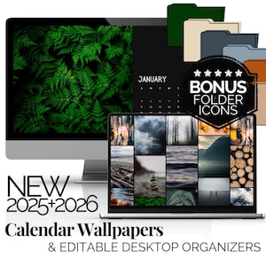 May include: A computer monitor and laptop display nature-themed wallpapers. The monitor shows a fern pattern, and the laptop displays various landscape images. The image includes the text "NEW 2025+2026 Calendar Wallpapers & Editable Desktop Organizers" and "BONUS FOLDER ICONS".