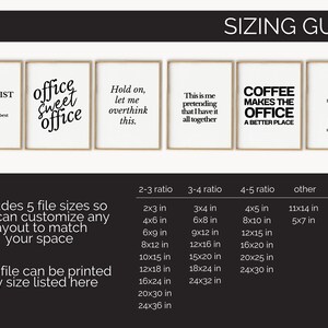 Pode incluir: Um conjunto de arte de parede imprim&iacute;vel com cinco cita&ccedil;&otilde;es diferentes sobre o tema do escrit&oacute;rio. As cita&ccedil;&otilde;es s&atilde;o: "To Do List: 1- Caffeinate, 2- Hope for the best", "Office Sweet Office", "Hold on, let me overthink this", "This is me pretending that I have it all together", e "Coffee Makes the Office a Better Place". A imagem tamb&eacute;m inclui um guia de tamanhos com diferentes tamanhos de impress&atilde;o em polegadas e tamanhos de papel ISO.
