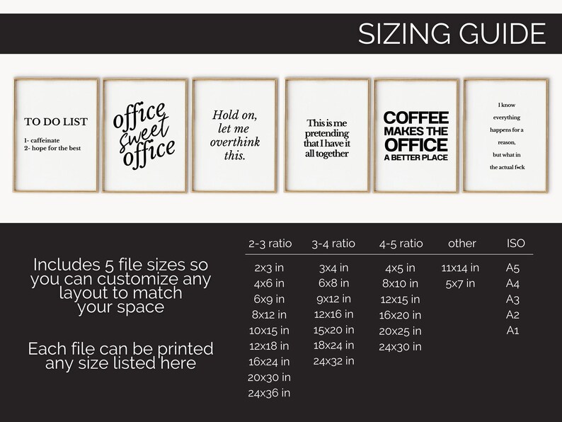 Pode incluir: Um conjunto de arte de parede imprim&iacute;vel com cinco cita&ccedil;&otilde;es diferentes sobre o tema do escrit&oacute;rio. As cita&ccedil;&otilde;es s&atilde;o: "To Do List: 1- Caffeinate, 2- Hope for the best", "Office Sweet Office", "Hold on, let me overthink this", "This is me pretending that I have it all together", e "Coffee Makes the Office a Better Place". A imagem tamb&eacute;m inclui um guia de tamanhos com diferentes tamanhos de impress&atilde;o em polegadas e tamanhos de papel ISO.