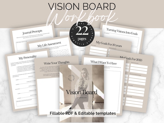 Vision Board Planner Printable Vision Board Template Editable Goal Planner Bundle Digital Download Life Goals Workbook Visionboard Worksheet