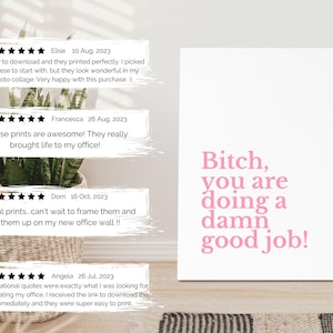 May include: A white canvas print with the text "Bitch, you are doing a damn good job!" in pink. The print is displayed in a room with a plant in a woven basket and customer reviews.