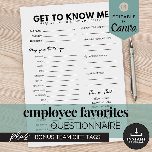 All About Me Form New Employee Welcome Questionnaire Coworker Gift Idea for Staff List of Favorite Things Employee Appreciation Gifts