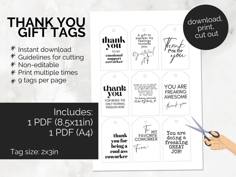 Pu&ograve; includere: Etichette regalo di ringraziamento stampabili con nove diversi design. Le etichette misurano 5,1 x 7,6 cm e presentano frasi come "Grazie per essere cos&igrave; fantastico" e "Sei fantastico".