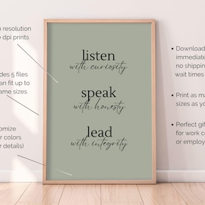 May include: A framed print with a sage green background and the words "listen with curiosity, speak with honesty, lead with integrity" in black script. The print is in a light wood frame.