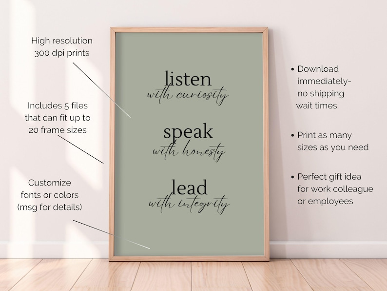 May include: A framed print with a sage green background and the words "listen with curiosity, speak with honesty, lead with integrity" in black script. The print is in a light wood frame.