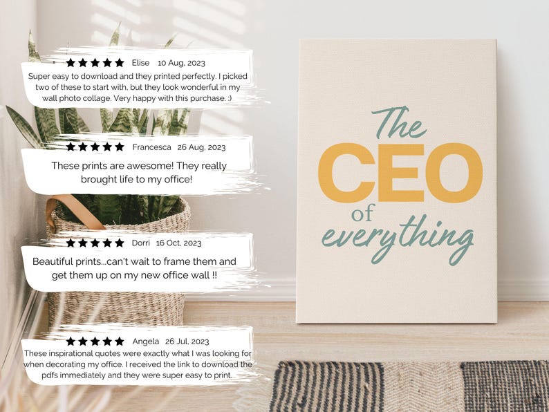 Pode incluir: Impress&atilde;o em tela emoldurada com o texto "The CEO of everything" em uma fonte elegante. A palavra "CEO" &eacute; na cor amarelo mostarda e o restante do texto &eacute; na cor verde-azulado. A impress&atilde;o &eacute; exibida em uma parede.