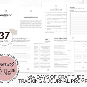 May include: A printable gratitude journal with 37 pages, including 52 gratitude prompts and a 365-day gratitude tracker. The journal is designed to help you cultivate a sense of gratitude and happiness throughout the year.