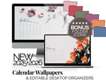 Floral Desktop Monthly Calendar 2026 Desktop Wallpaper and Icon Pack Flower Wallpaper Backgrounds Botanical Laptop Wallpaper Screensaver Set