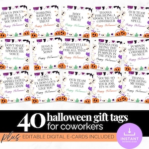 May include: A collection of fifteen square Halloween gift tags featuring various spooky puns and phrases like Hocus Pocus, Bugs & Kisses, and Our Team Is Squad Ghouls. Each tag includes To and From lines, decorated with orange pumpkins, purple bats, and ghosts.