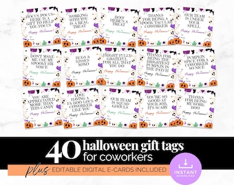 May include: A collection of fifteen square Halloween gift tags featuring various spooky puns and phrases like Hocus Pocus, Bugs & Kisses, and Our Team Is Squad Ghouls. Each tag includes To and From lines, decorated with orange pumpkins, purple bats, and ghosts.
