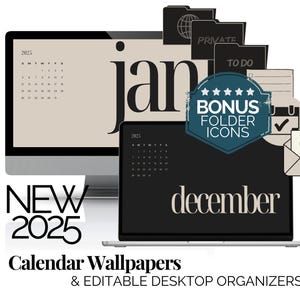 Desktop Wallpaper und Icon Pack 2025 Monatskalender Digitaler Desktop-Hintergrund Bearbeitbarer Desktop-Organisator-Laptop-Hintergrund für Mac Windows