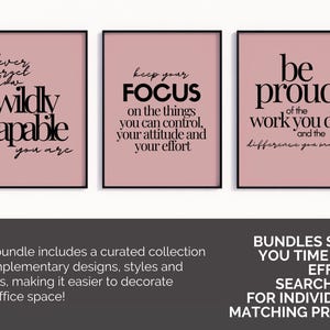 Motiverande väggkonst set med 3, inspirerande citatposters, kontorsdekor för kvinnor i rodnande rosa, inspirerande arbetscitattryck, konst med growth mindset bild 5