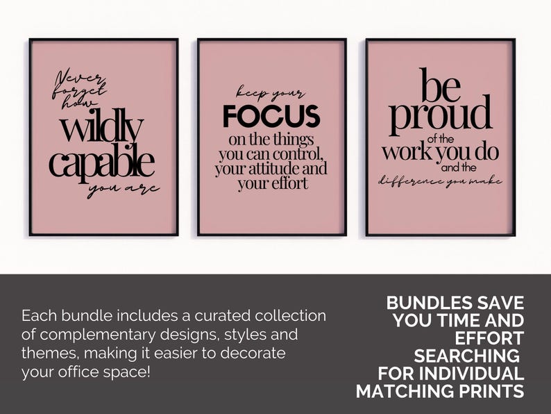 Motiverande väggkonst set med 3, inspirerande citatposters, kontorsdekor för kvinnor i rodnande rosa, inspirerande arbetscitattryck, konst med growth mindset bild 5