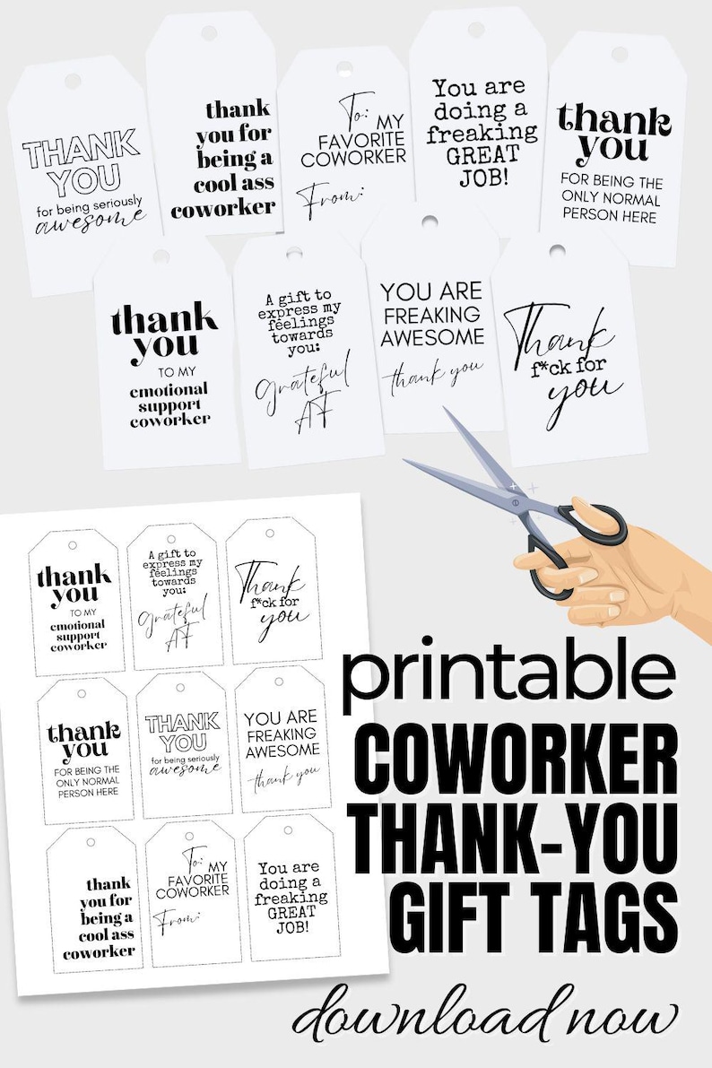 Pu&ograve; includere: Etichette regalo stampabili con messaggi divertenti e sinceri per i colleghi. Le etichette presentano testo nero su sfondo bianco con frasi come "Grazie per essere un collega fantastico" e "Sei incredibilmente fantastico".