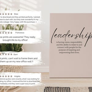 May include: A beige wall art print with the word "leadership" in elegant script. The print includes a definition of leadership in a smaller font. The image is set against a neutral background.