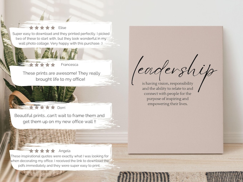 May include: A beige wall art print with the word "leadership" in elegant script. The print includes a definition of leadership in a smaller font. The image is set against a neutral background.