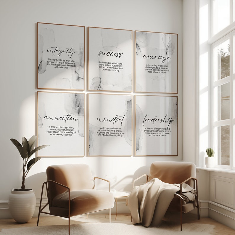May include: Six black and white printable wall art prints with inspirational quotes about integrity, success, courage, connection, mindset, and leadership. The prints have a watercolor background.