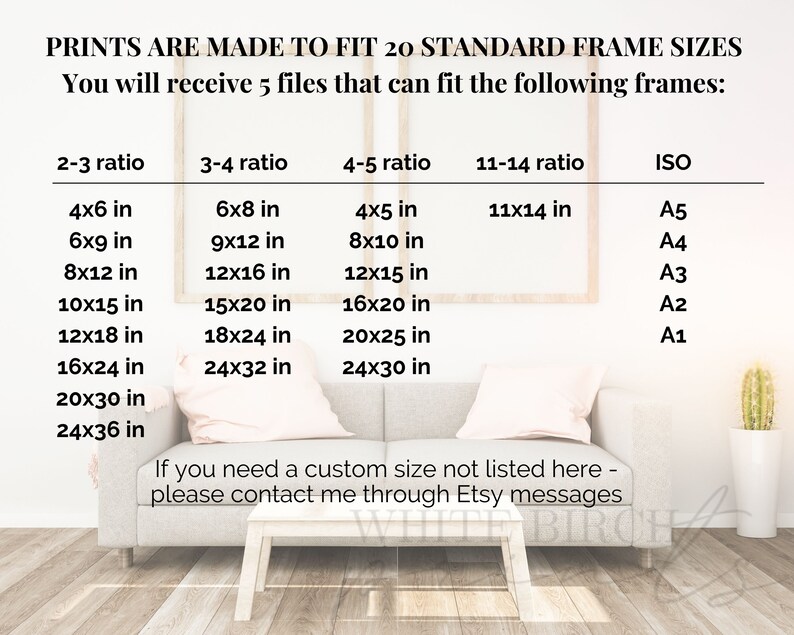 Pu&ograve; includere: Un grafico che mostra 20 dimensioni di cornice standard per le stampe. Il grafico &egrave; diviso in cinque colonne: rapporto 2-3, rapporto 3-4, rapporto 4-5, rapporto 11-14 e ISO. Ogni colonna elenca una serie di dimensioni di cornice in pollici. Il grafico &egrave; visualizzato su una parete dietro un divano bianco con una pianta di cactus in un vaso bianco.