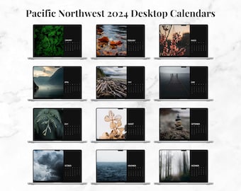 Monthly Desktop Wallpaper Nature Themed, PNW Landscape Wallpaper Calendar 2024, Dark Computer Background, Editable Desktop Organizers