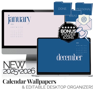 コンピューター壁紙 ネイビーブルー 2026年 月間カレンダー Mac または Windows デジタルデスクトップ壁紙 編集可能なコンピューターオーガナイザー フォルダーアイコンパック