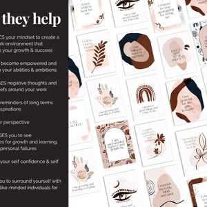May include: A set of 16 affirmation cards with various illustrations and text. The cards feature a neutral color palette of brown, beige, and black. The text on the cards includes phrases such as "I am grateful for the gifts in my life" and "I choose to make my life amazing".